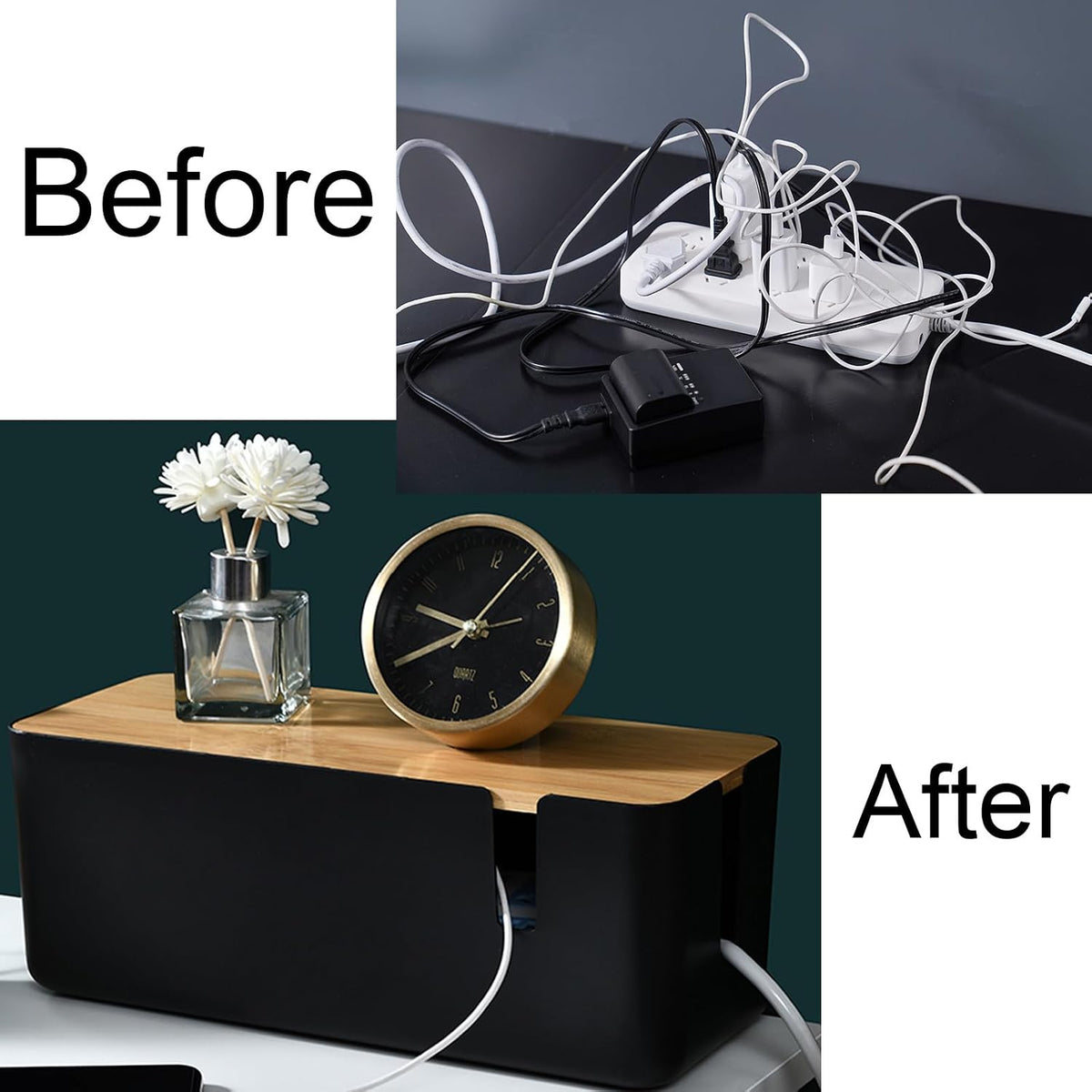 Changsuo Small Cable Management Box with Bamboo Lid for Extension Cord Power Stripe Surge Protector Wire Concealer Organizer Cover Hider (White)