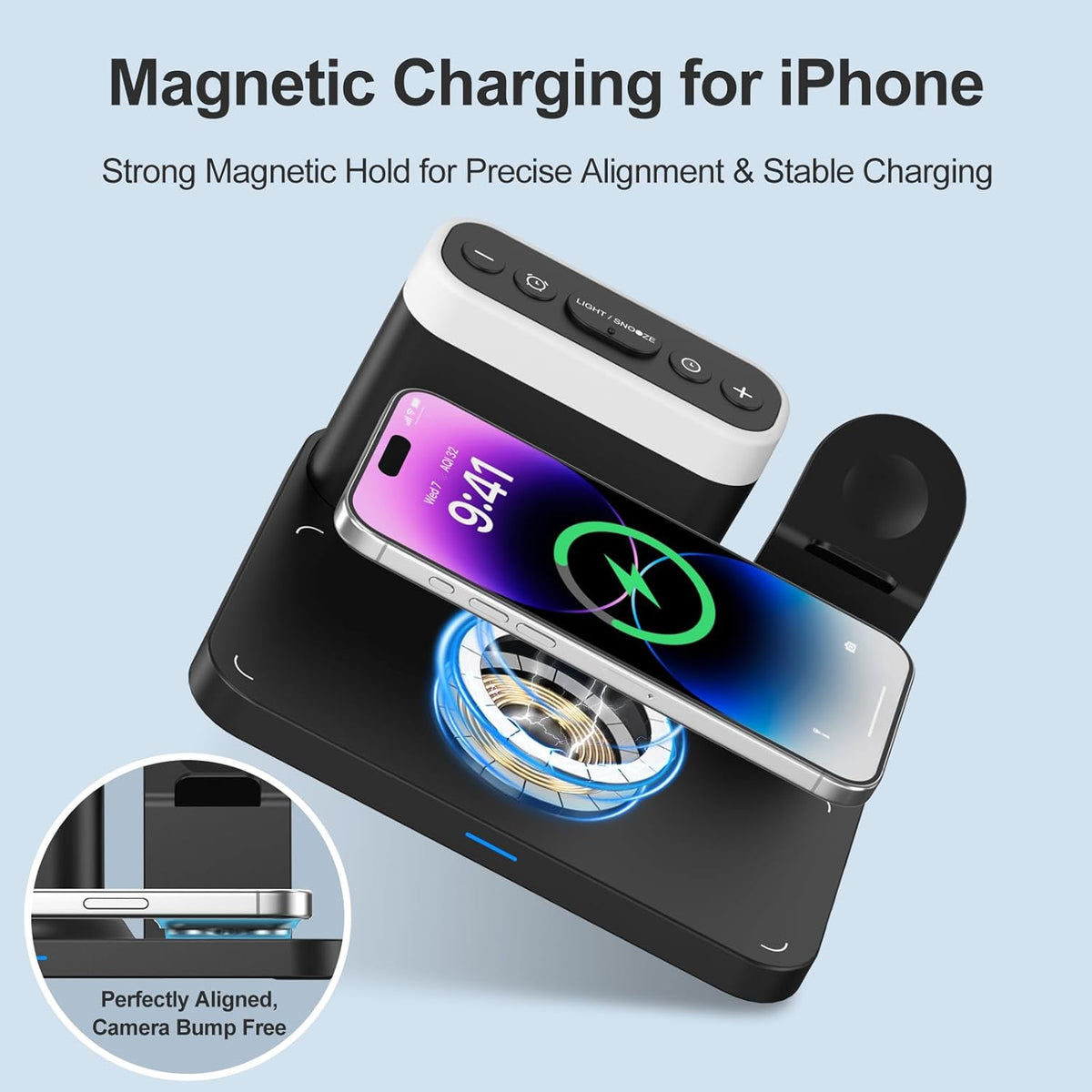 ANJANK Wireless Charging Station,5 in 1 Multiple Charger Stand with Alarm Clock,7 Night Light,Magnetic Charging Dock for iPhone 18 17 16 15 14 13 Pro Max Plus,Apple Watch 11/10/9/8,for Airpods,Bedroom