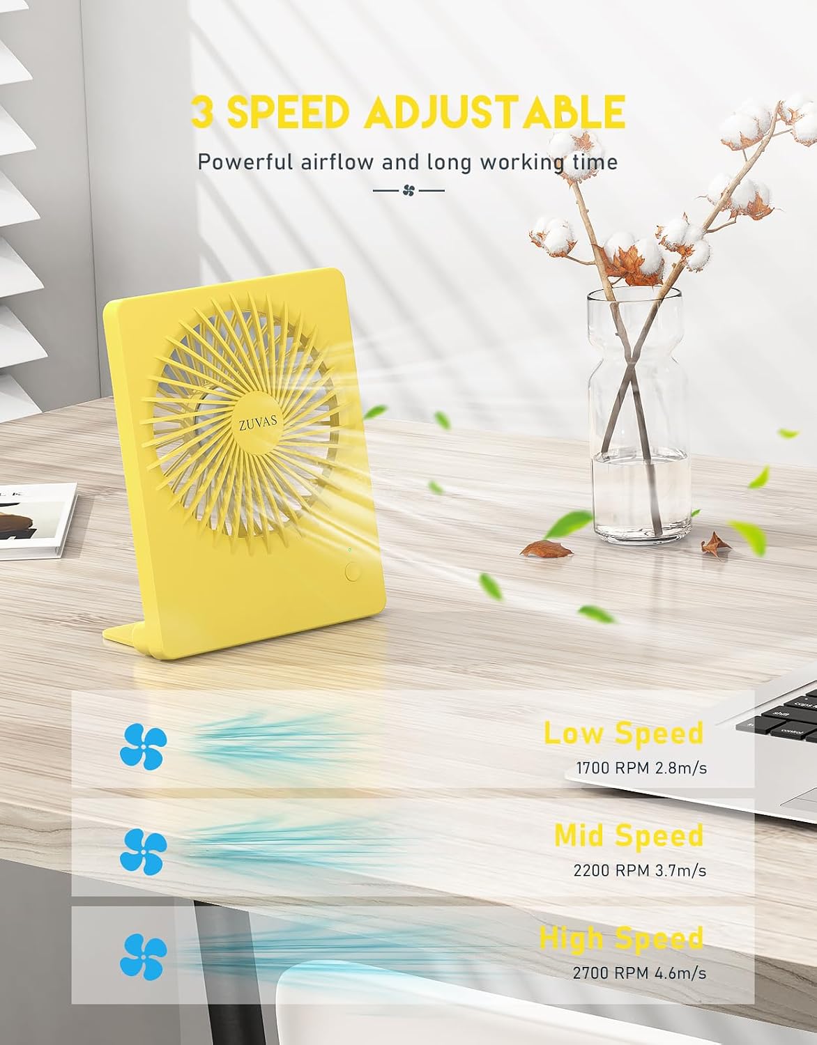 Zuvas Desk Fan Battery Operated Fan Rechargeable 180°Tilt Folding Personal Fan Ultra Quiet Small Portable 3 Speed Adjustable Strong Wind Fan For Office Bedroom Home Desktop Camping (White)