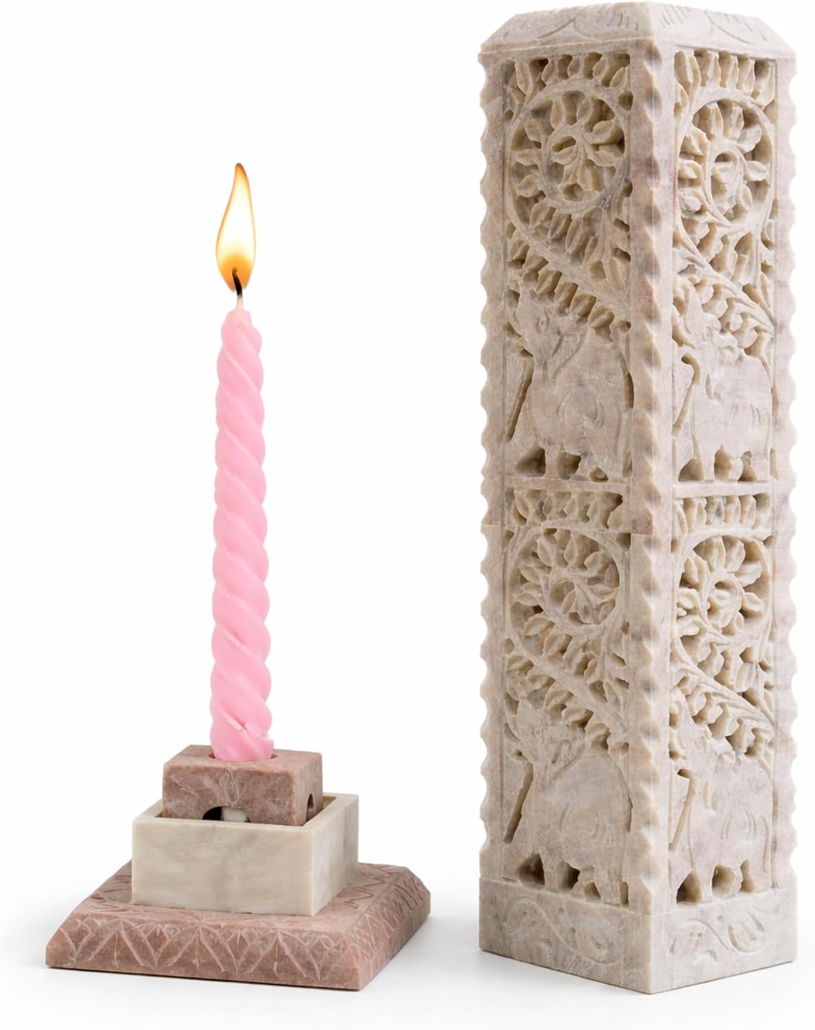 Carry Me Handmade Marble Soapstone Incense Stick Burner | Candle Stick Holder, Tea Light Stand, 3 x 3 x 11 Inches, Decorative Home and Kitchen Decor, Perfect for Gifting