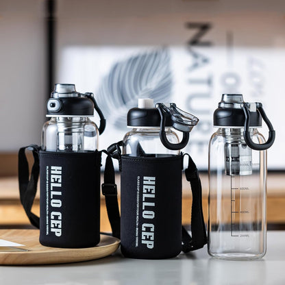 34oz Glass Water Bottle with capacity Mark & Stainless Steel Tea Strainer-Large Capacity for Hot/Cold Drinks,Coffee,Tea,and Water-Includes Protective Sleeve,Perfect for Home,Office (34oz)