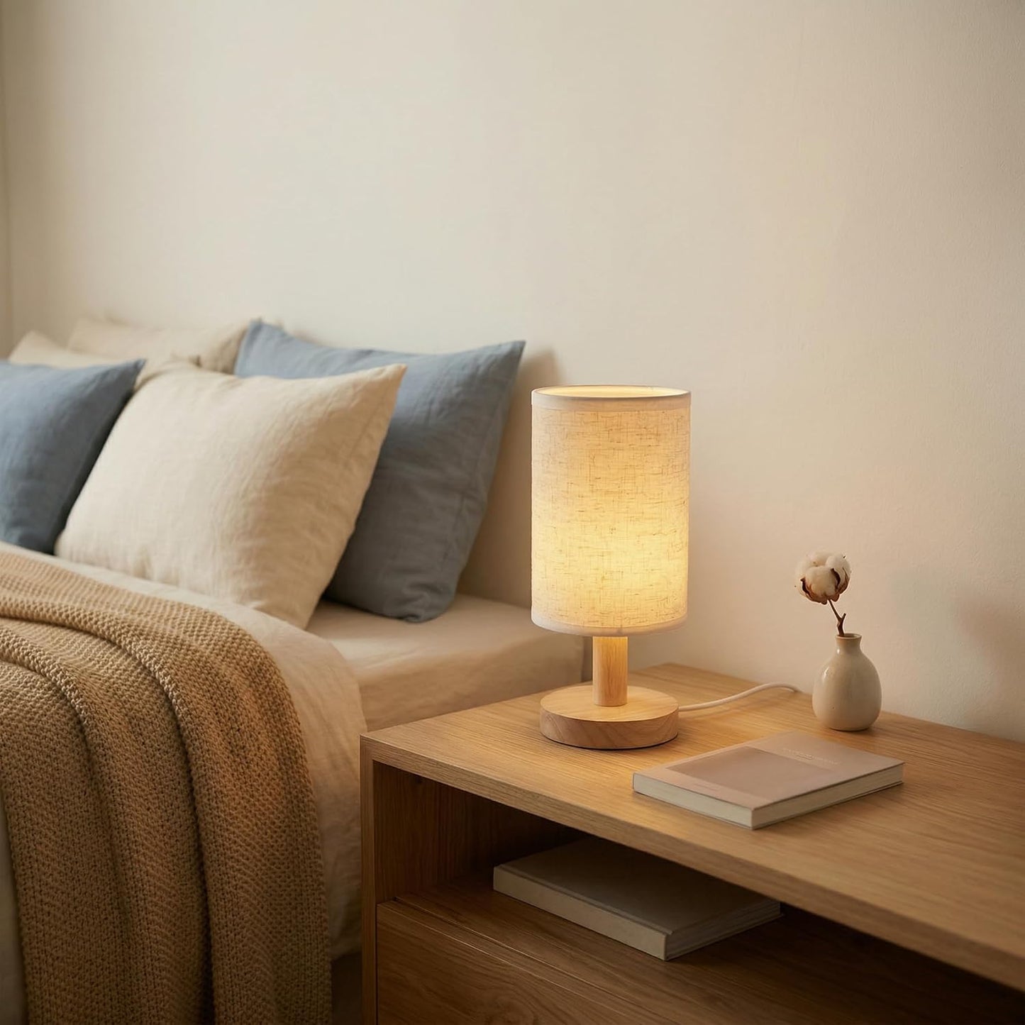 Touch Bedside Table Lamp - Stepless Dimming USB Powered, Minimalist Wood Base Linen Shade, 2700K Warm Light for Bedroom Nightstand Nursery Dorm Small Spaces, 5W LED 50K Hrs (No Bulb Replacement)