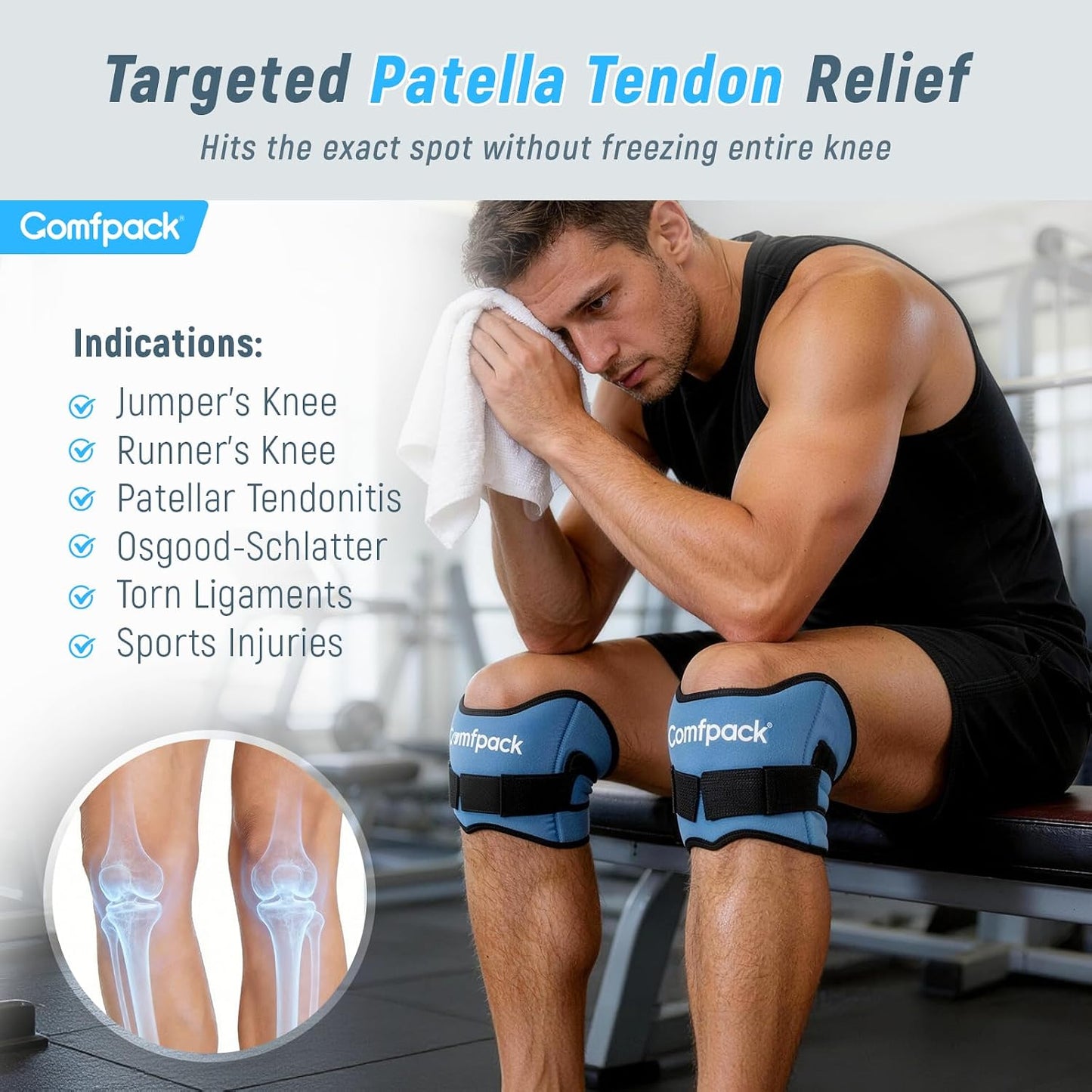 Comfpack Knee Ice Pack for Patella Tendon Relief 2 Pack, Hot Cold Therapy Knee Pain Relief Compression Support Strap for Running, Jumpers Knee, Tendonitis, Squats, Osgood Schlatter, Hiking, Soccer