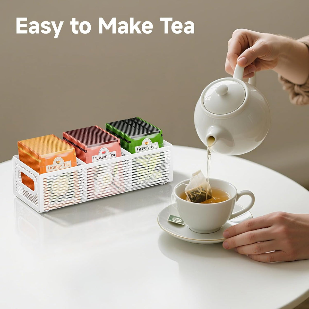 2 Tier Tea Bag Organizer, Mesh Tea Bag Holder with Handle, Teabag Holder, Tea Station Organizer for Countertop, Pantry, Kitchen, Cabinet -Black