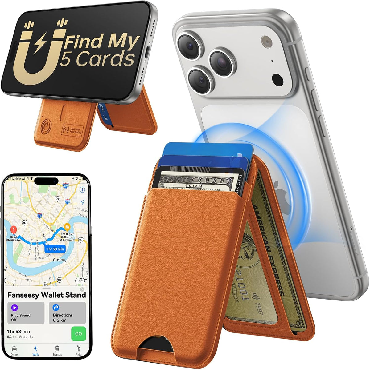 TWZKG for MagSafe Wallet, Works with Apple Find My,5 Card Holder with Stand