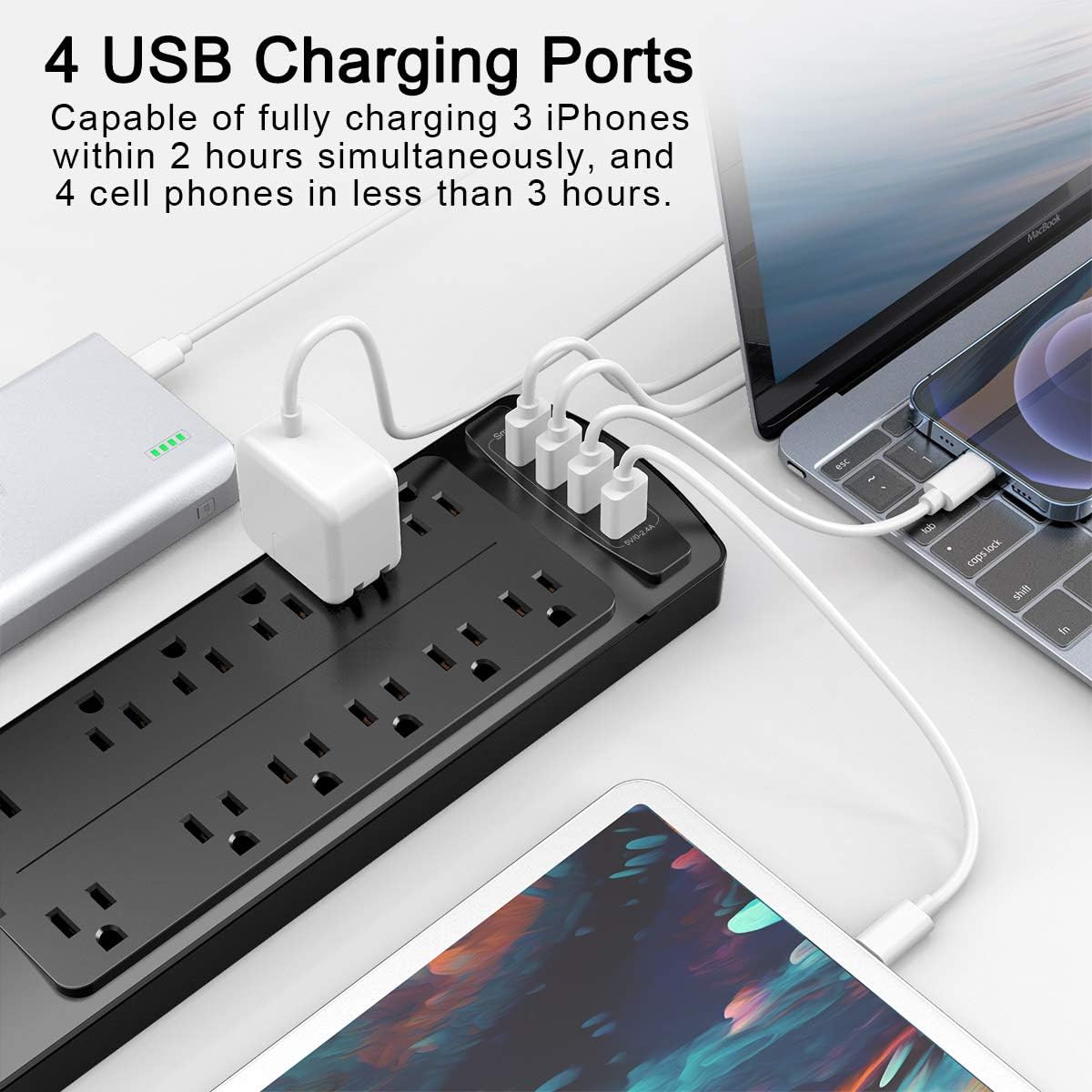 ALESTOR 6 Ft Surge Protector Power Strip with 12 Outlets and 4 USB Ports