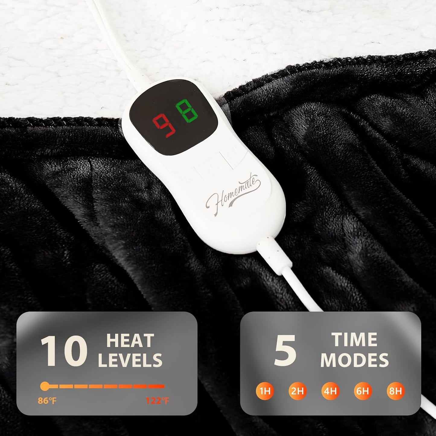 Homemate Electric Heated Blanket Twin - 62"x84" Heating Bed Blankets Throw with 10 Heating Levels 8 Hours Auto Off Fast Heating Over-Heated Protection Ultra Soft Warm Flannel ETL Certified Grey - Colors A