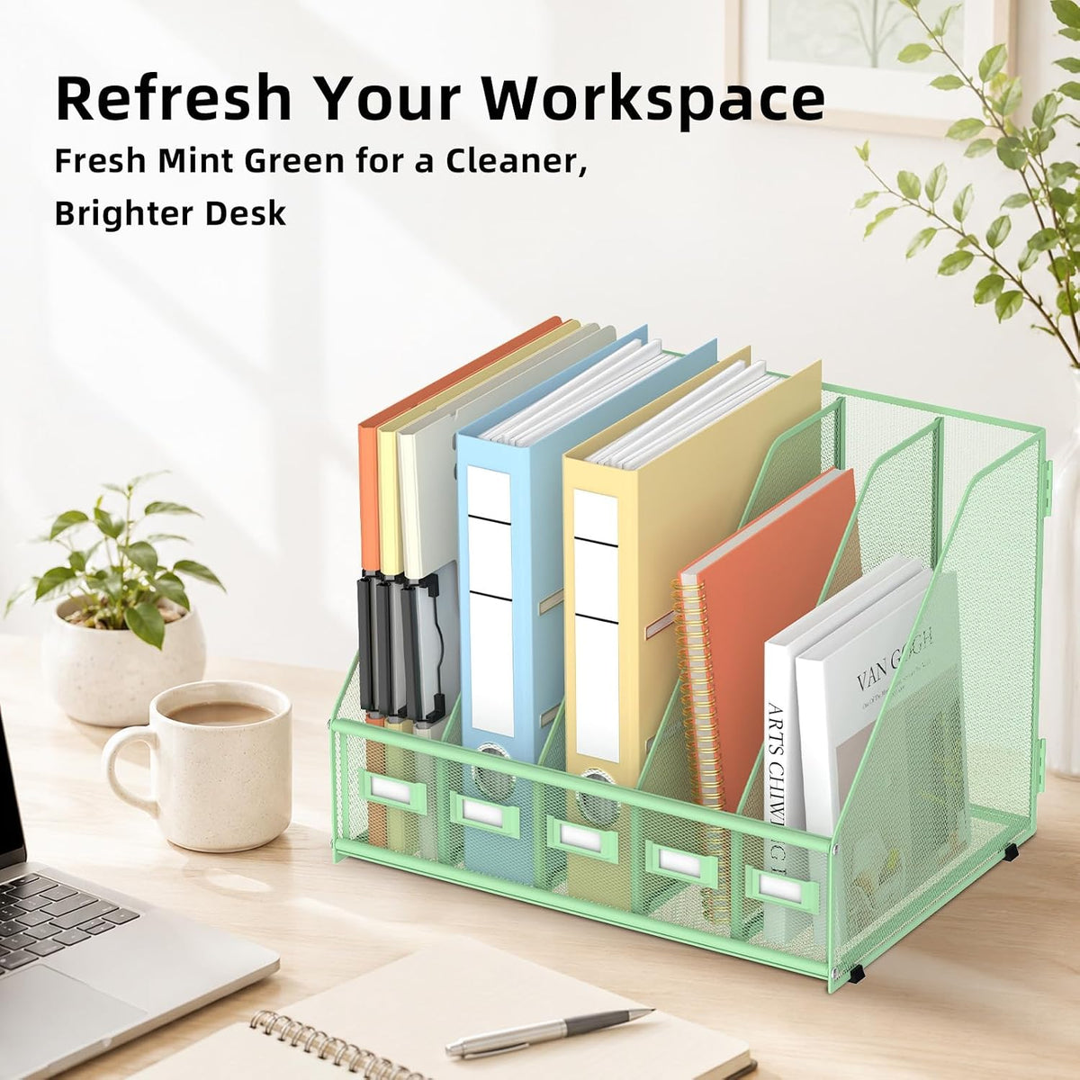 SUPEASY Desk Organizers Metal Desk Magazine File Holder with 5 Vertical Compartments Rack File Organizer for Office Desktop, Classroom, Home Workspace, Black