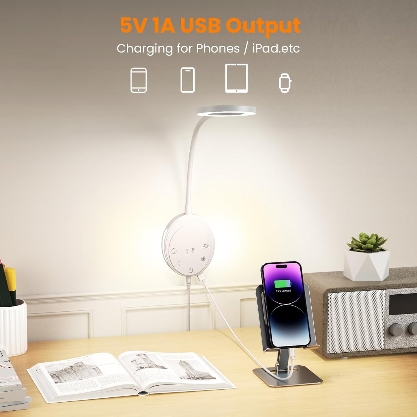 Wall Mounted Reading Light, Bedside Headboard Lights with 5 Color Temperature & 5 Dimming, 360 Flexible Gooseneck, USB Output, Night Light & Timer Function - Perfect for Reading (Black)