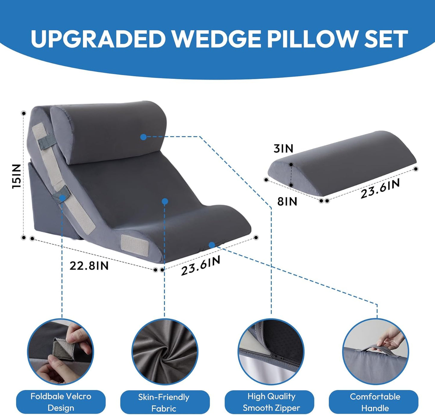 Ahpmeoa 3PCS Wedge Pillow Set for After Surgery, Back Pillow for Bed Sitting up, 10-in-1 Foam Wedge Pillow for Acid Reflux & Back Pain Relief, Post Surgery Pillow for GERD & Snoring, White