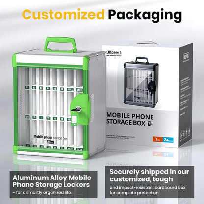 Glosen 24 Slots Cell Phone Locker, Portable Phone Storage Cabinet [Wall Mounted] [Aluminum Alloy] Cellphone Lock Box with Key & Handle for School Classroom Office Exam (Black)