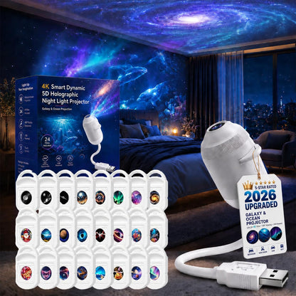 HD Smart Dynamic 5D Holographic Night Light Projector, Plug and Play Galaxy Star Projector, 360° Rotating USB Powered Ocean Wave Ceiling Light for Bedroom, Kids Room, Party Decor (24 Projection Films)