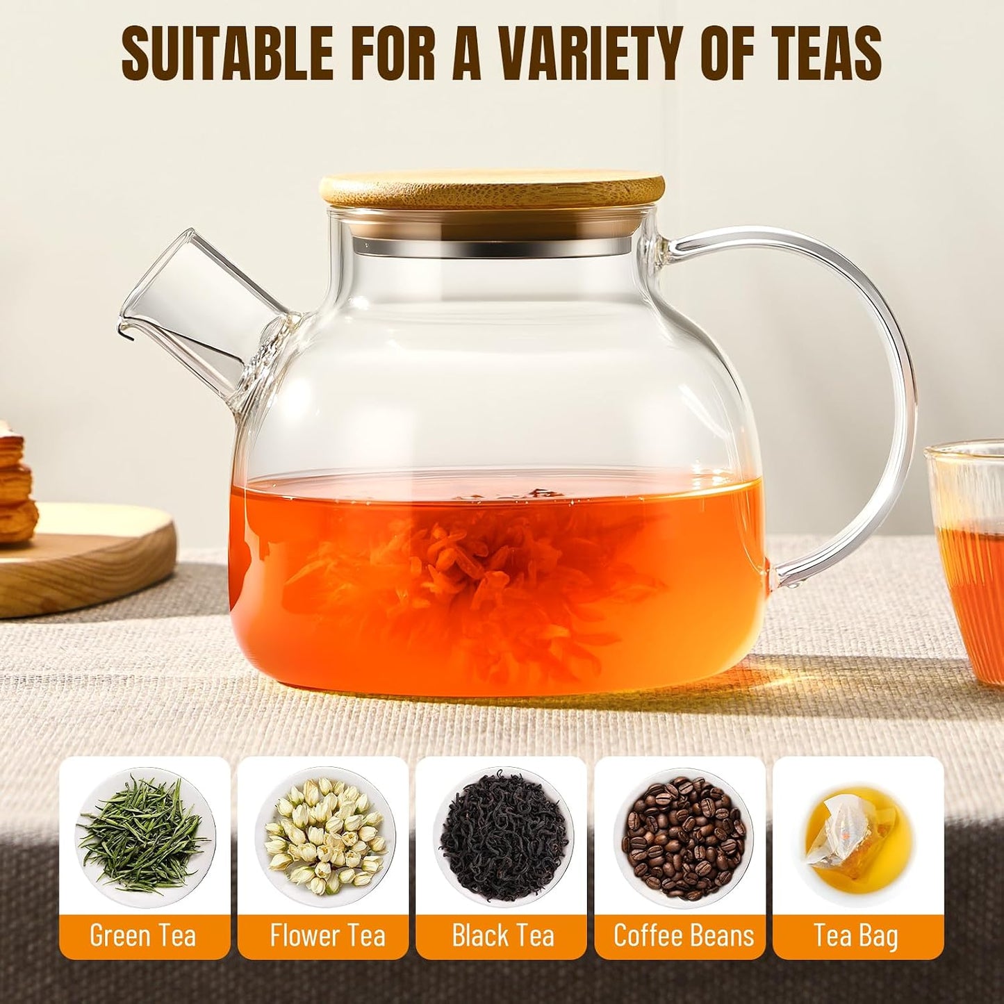 PARACITY Glass Teapot Stovetop 40 OZ/1200ml, Borosilicate Clear Tea Kettle with Removable 18/8 Stainless Steel Infuser, Teapot Blooming and Loose Leaf Tea Maker Tea Brewer for Camping, Travel