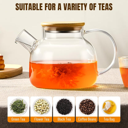 PARACITY Glass Teapot Stovetop 40 OZ/1200ml, Borosilicate Clear Tea Kettle with Removable 18/8 Stainless Steel Infuser, Teapot Blooming and Loose Leaf Tea Maker Tea Brewer for Camping, Travel