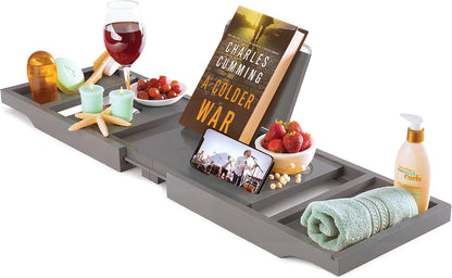 Bambüsi Bathtub Tray for Tub - Brown Bamboo Bath Tray, Expandable Wooden Bath Caddy Tray with Wine Holder, Book and Tablet Stand, Bathroom Accessories, Tub Table, Spa Bath Gifts for Women and Couples