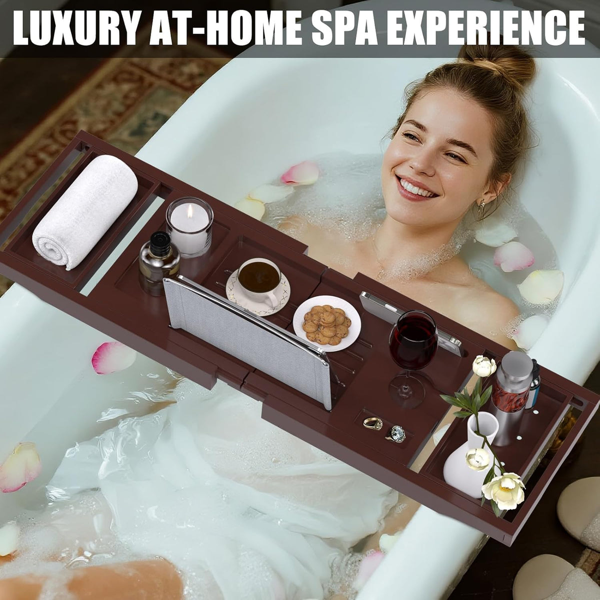 Expandable Bamboo Bathtub Caddy Tray for Luxury Bath