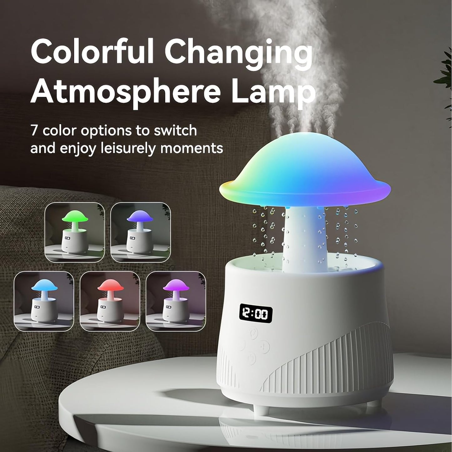 AVEKI Mushroom Humidifiers for Bedroom with Bluetooth Speaker, 600ml Cute Rain Cloud Humidifier with Colorful Mood Light & Clock Display, Air Humidifier Raindrop for Women, Gifts for Mom (Mushroom)