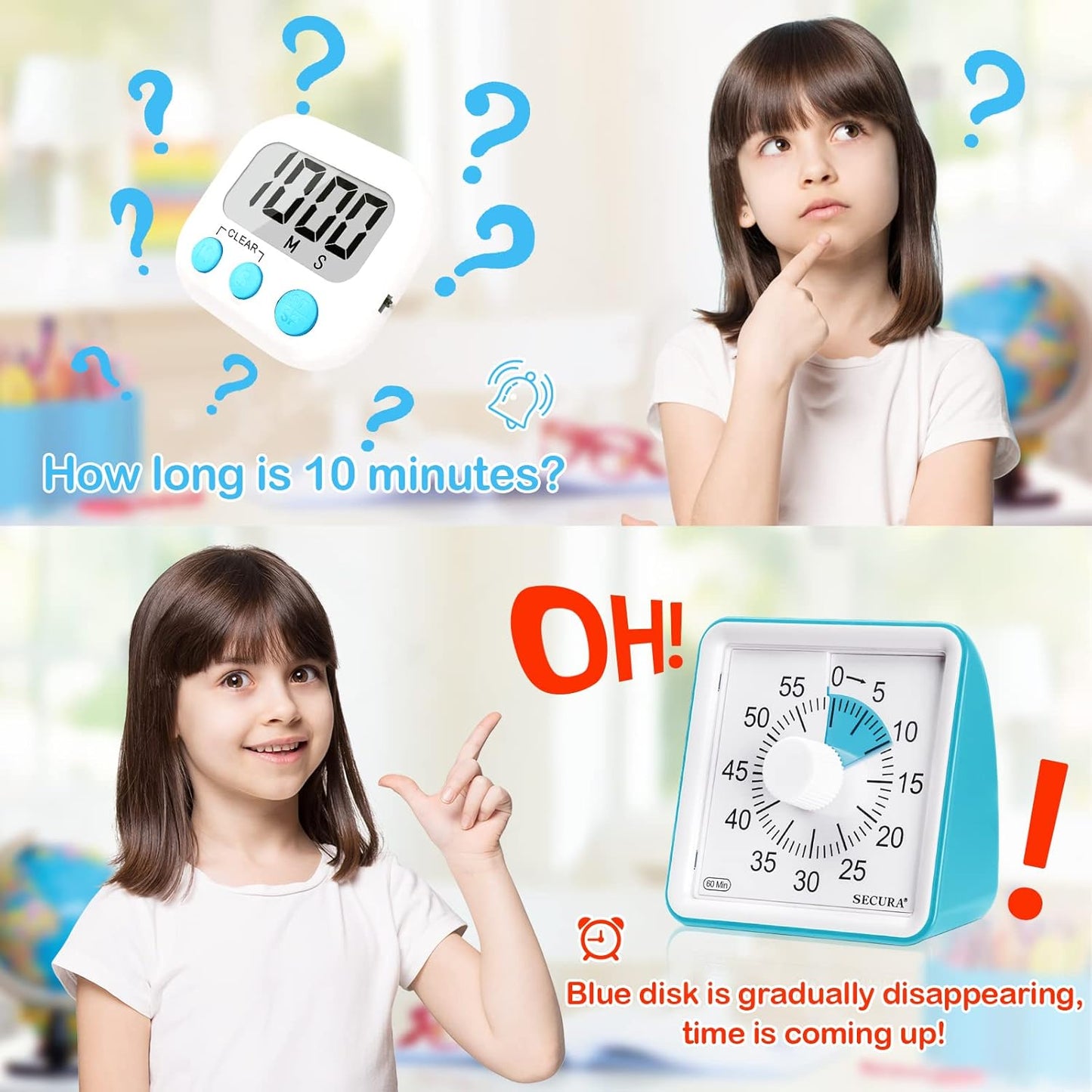 Secura 60-Minute Visual Timer, Classroom Timer, Countdown Timer for Kids and Adults, Time Management Tool for Teaching (Navy Blue & Navy Blue)