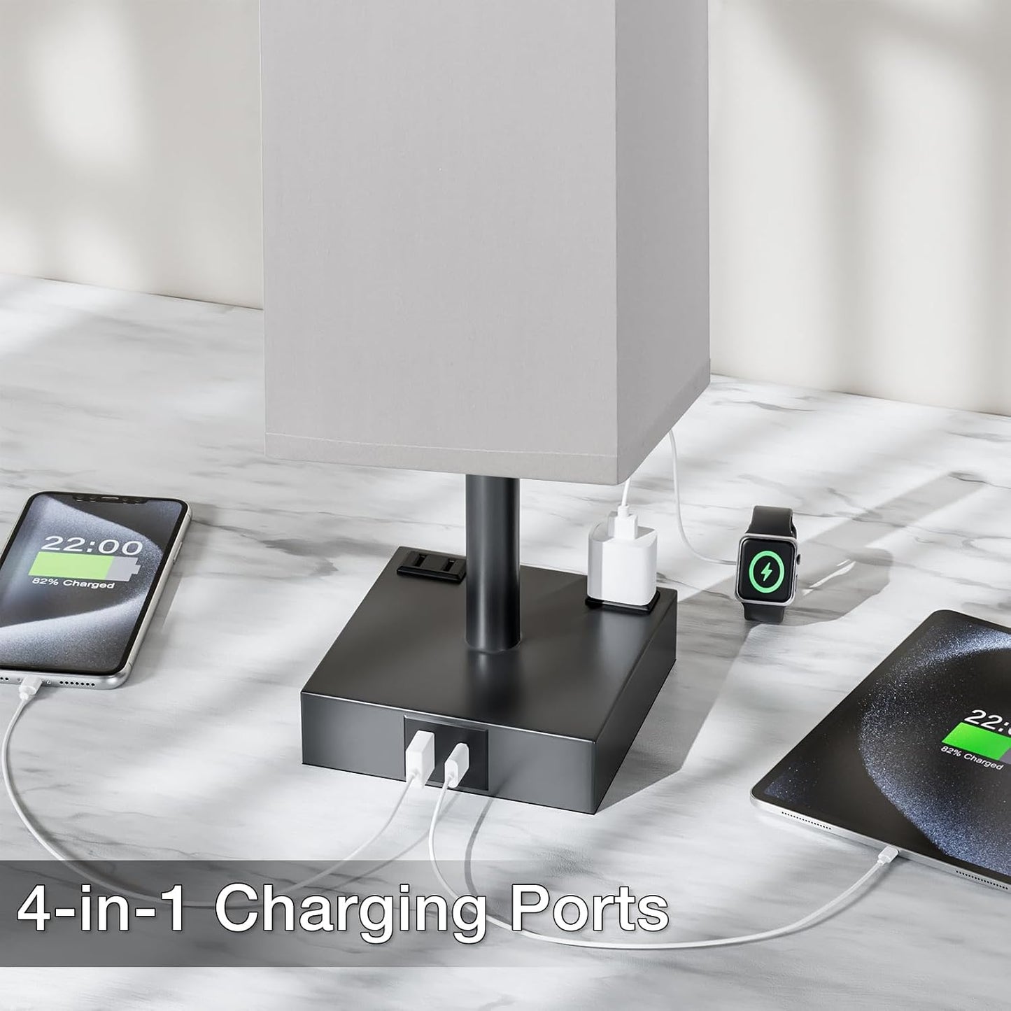 【Upgraded】Bedside Table Lamp Touch Control, with USB C+A Charging Ports & Dual AC Outlets, 3-Way Nightstand Lamp for Bedroom with LampShade Living Room Office(LED Dimmable Bulb Included)