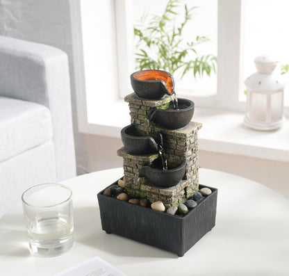 Haobos Indoor Tabletop Fountain 3-Tier Rockery Relaxation, Soothing Sound Home/Office/Bed Room Decor,Gifts for Mom/Grandma Relaxing Waterfall Meditation Tabletop Fountain LED Lights