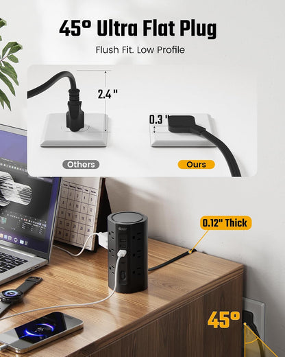 10Ft Tower Power Strip, Long Extension Cord, Flat Plug, 1700J, 12 AC 5 USB