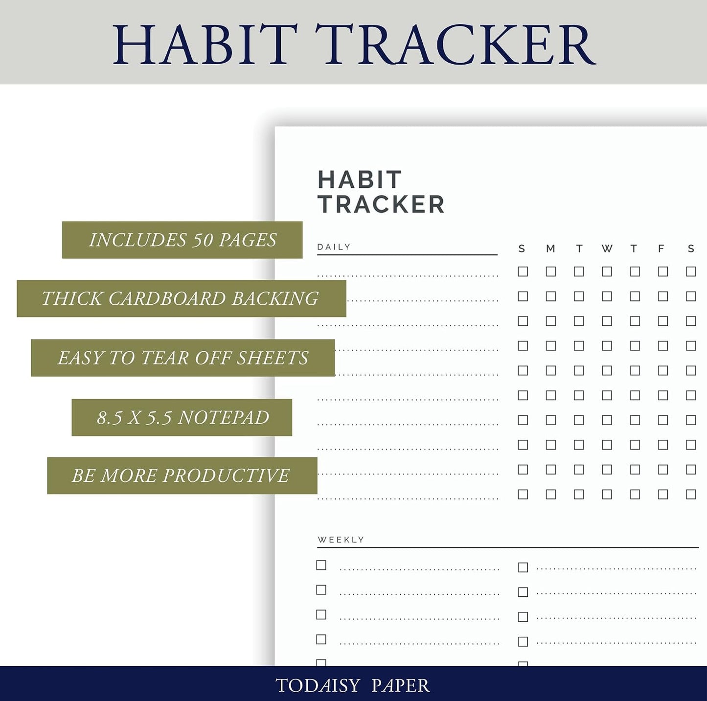 Habit Tracker Planning Pad 5.5 x 8.5"" To-Do List Notepad with Task Organizer. Perfect for office, home and work organization. 50 tear off sheets by Todaisy Paper., White