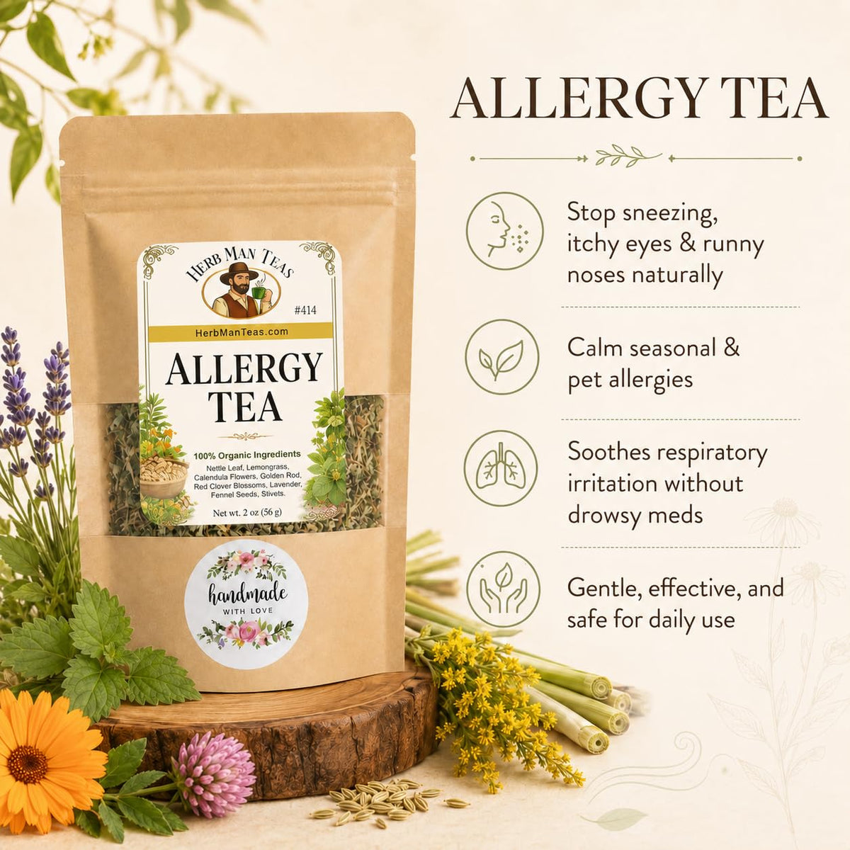 ALLERGY TEA – Herbal blend for seasonal irritation: sneezing, runny nose & itchy eyes – Formulated by Master herbalist Khabir – 100% Organic, Non-GMO, No Additives