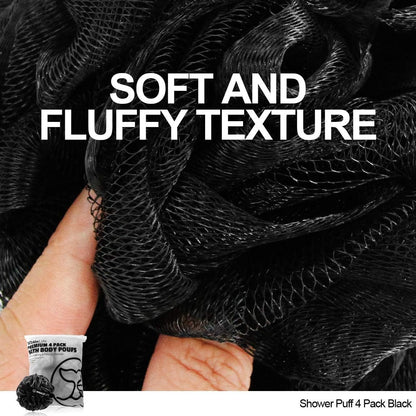 WhaleLife Loofah Bath Sponges - Black Gentle Exfoliating Shower Loofah for Rich Lather, Durable Mesh Body Scrubber for Men & Women 4 Pack