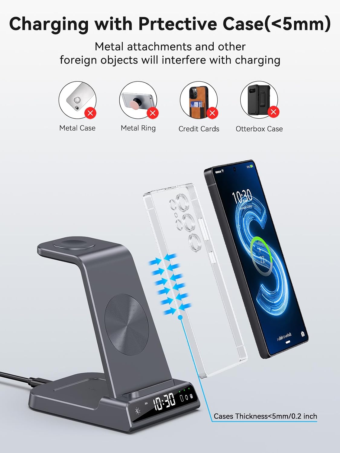 Wireless Charger for Samsung S25 with Clock 3 in 1 Android Charging Station