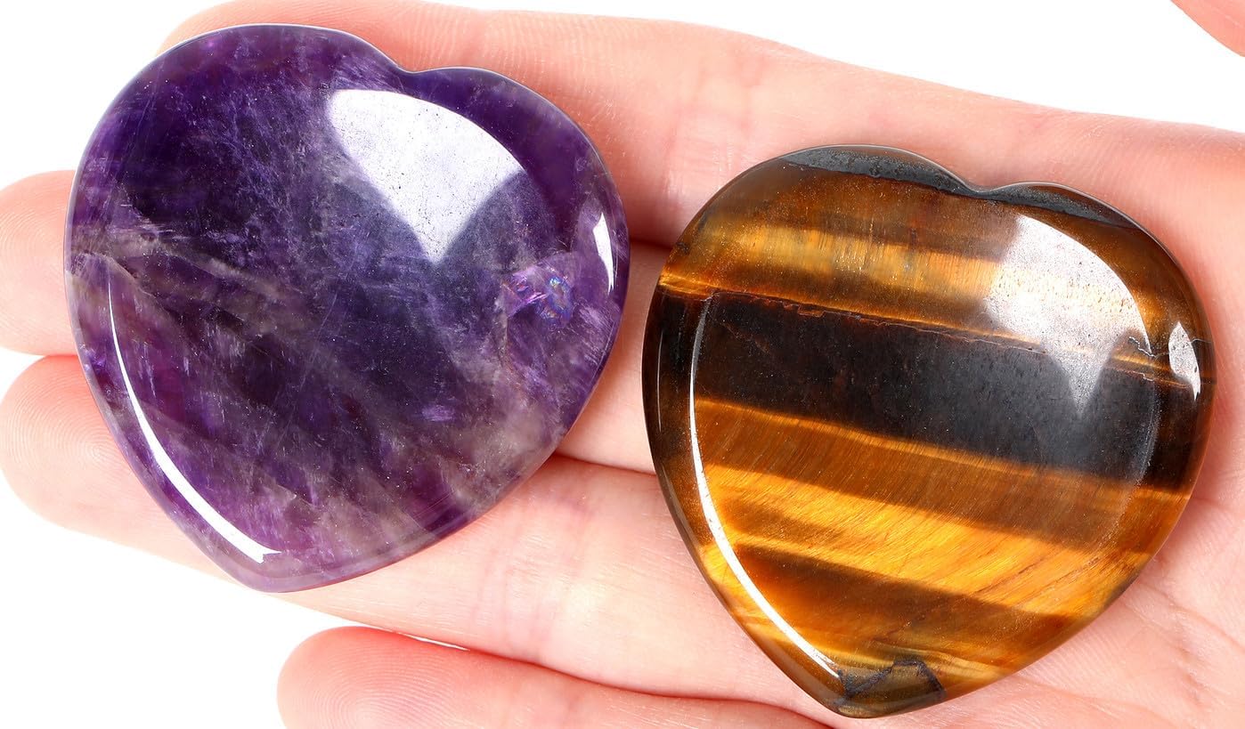 2PCS Worry Stone for Anxiety Tigers Eye Amethyst Healing Crystals Hand Thumb Stones Pocket Gemstones Meditation Accessories Oval Crystal Natural Relax Palm Stone Anxiety Relief Items Stocking Stuffers