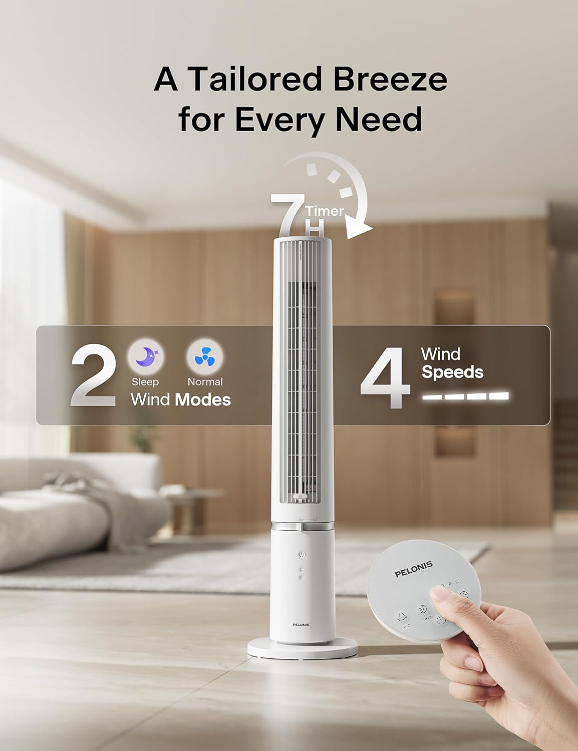 PELONIS 40 inch Bladeless Tower Fan for Bedroom, Standing Fan with Remote Control, 26ft/s, 90° Oscillation, 3 Speed Settings, 27dB, 3 Modes, 15-Hour Timer, LED Display, Fan that Blows Cold Air, White