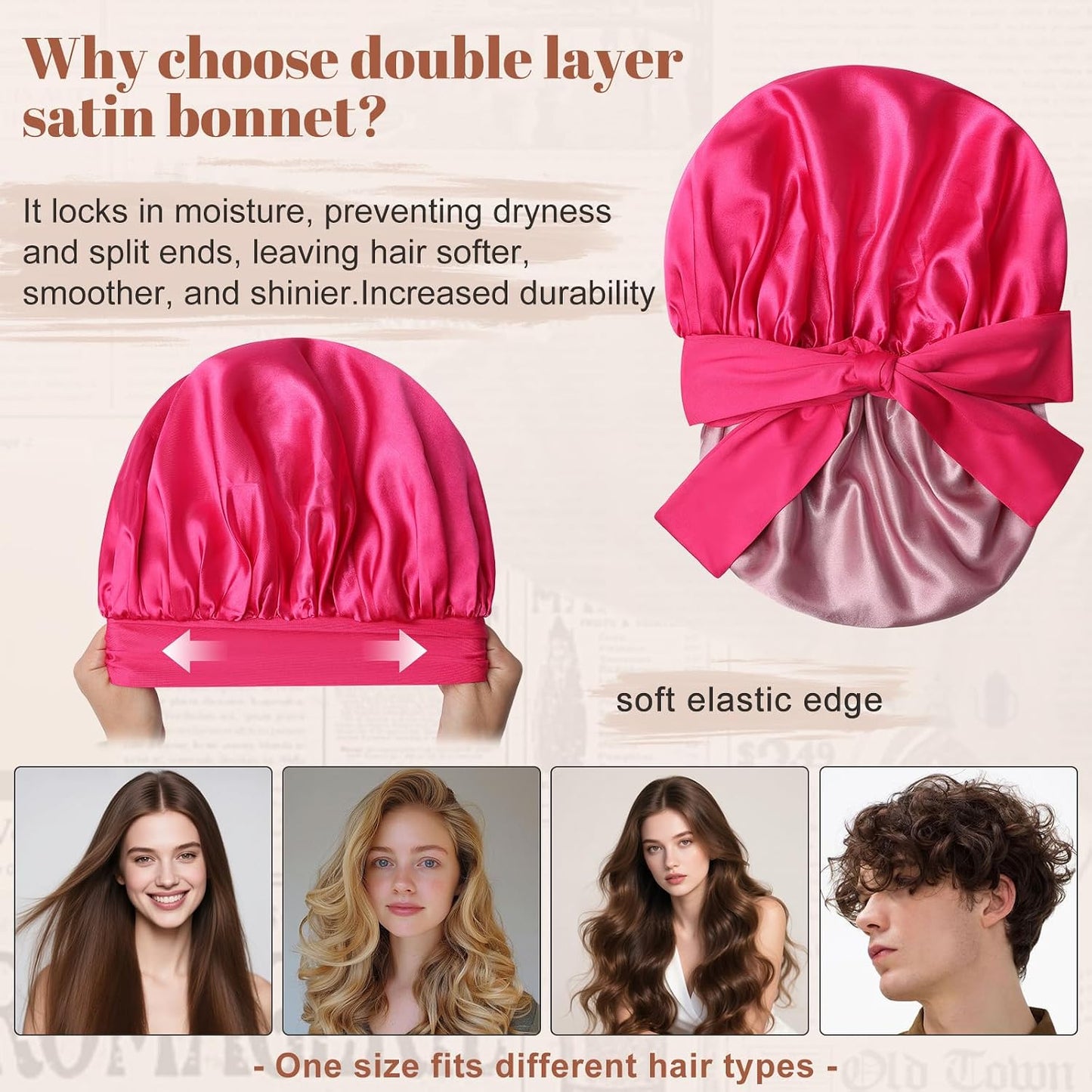 Satin Bonnet for Sleeping Cap Double Layer Hair Bonnet with Elastic Tie Band for Curly Hair Night Cap (Bean Paste + Pink)