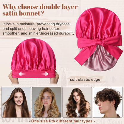 Satin Bonnet for Sleeping Cap Double Layer Hair Bonnet with Elastic Tie Band for Curly Hair Night Cap (Bean Paste + Pink)