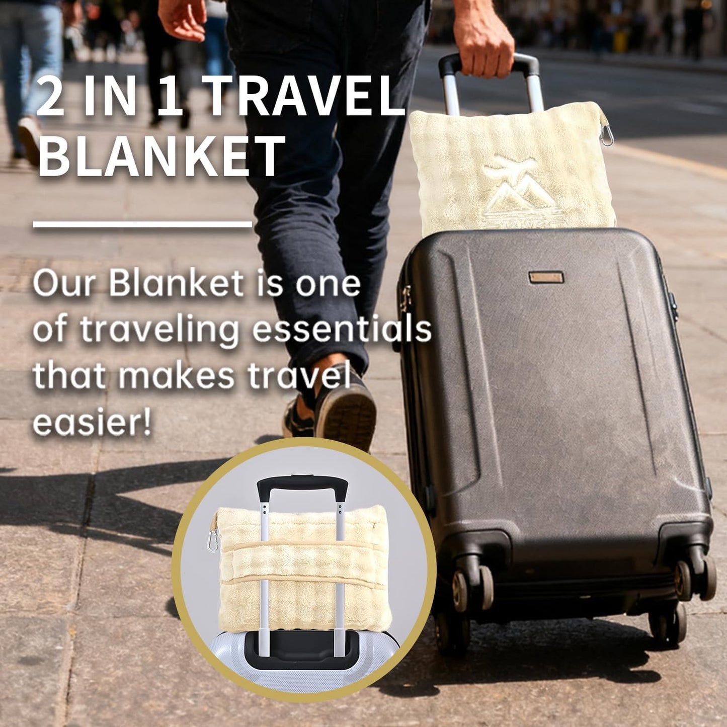 Travel Blanket and Pillow-2-in-1, Ultra-Soft&Compact, Airplane Blanket with Hand Luggage Belt and Backpack Clip,Travelers Accessories Gifts, 61x43 Inches(Pink