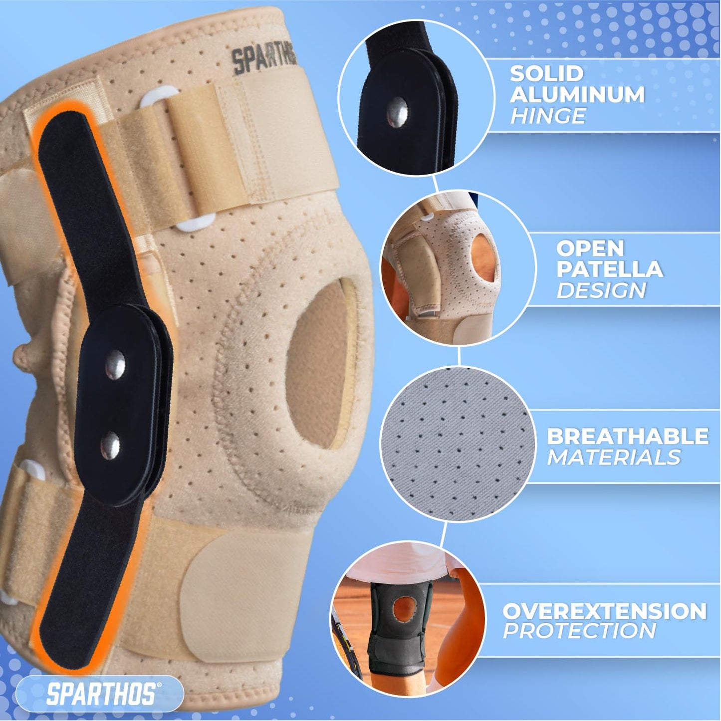 Sparthos Hinged Knee Brace - Relieves ACL, MCL, Meniscus Tear, Arthritis, Tendon Pain - Dual Metal Side Stabilizers - Support for Running, For Men and Women Check Size Chart (Large, 15½-20″ Thigh)