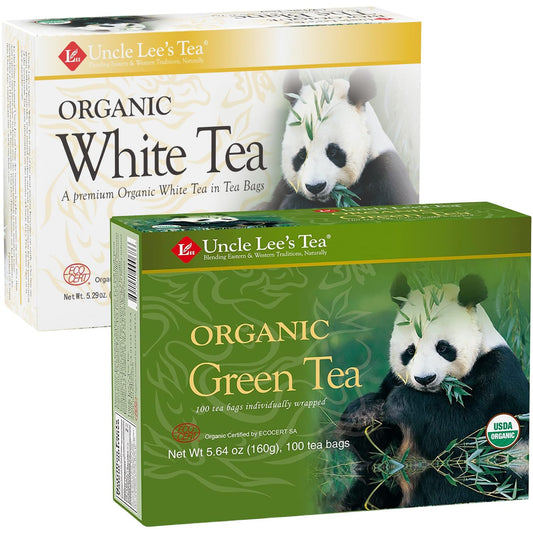 Uncle Lee's Organic White & Green Tea Variety 2-Pack (200 Individually Wrapped Bags) – Lightly Caffeinated Bulk Teas for Home, Office, Camping