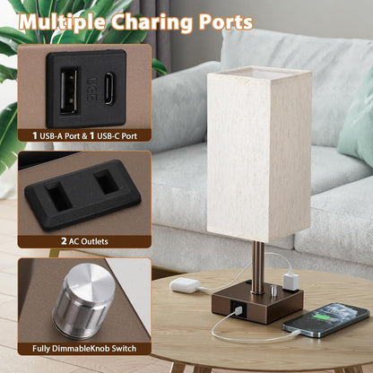 aooshine Fully Dimmable Nightstand Lamps Set of 2 - Table Bedside Lamp with USB C+A Charging Ports & 2 AC Outlets, Square Lamp Sets Linen Fabric Shade for Bedroom Living Room(Bulb Included)
