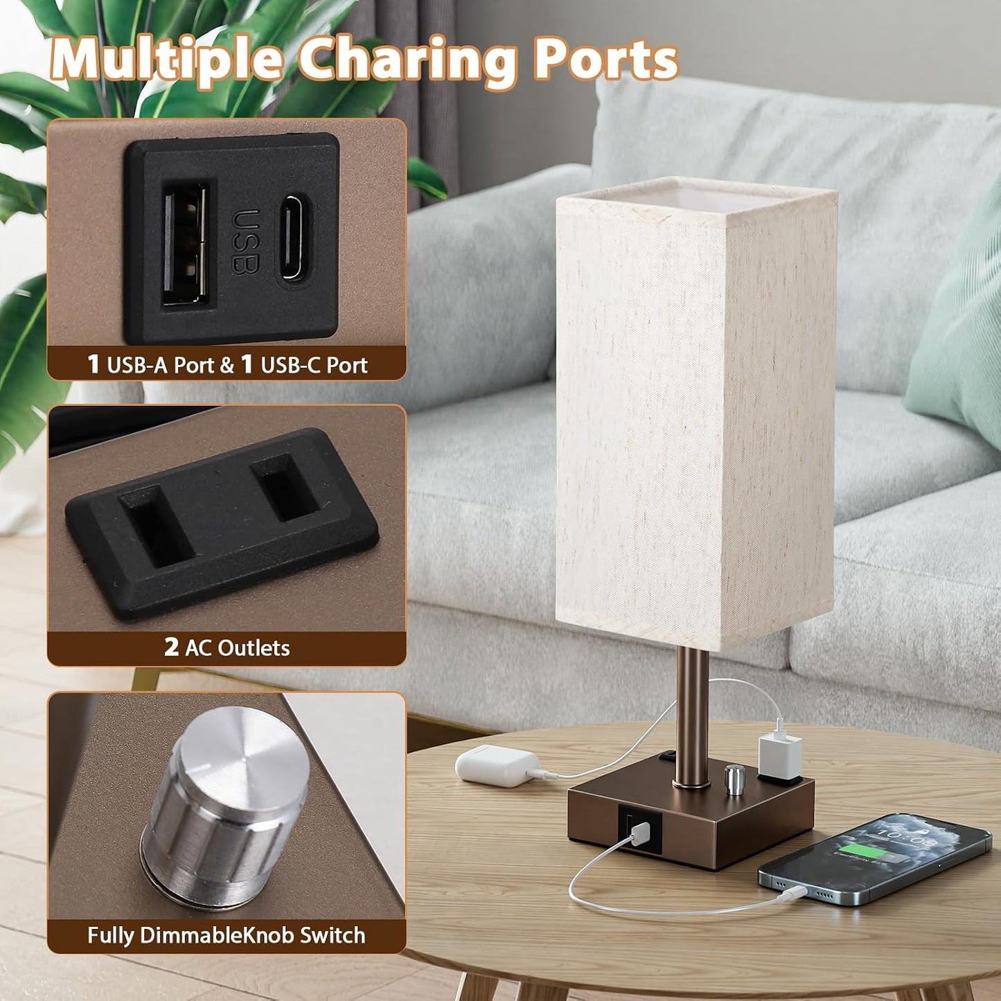 Bedside Table Lamps Set of 2 for Bedroom - Dimmable, USB C+A, 2 AC Outlets