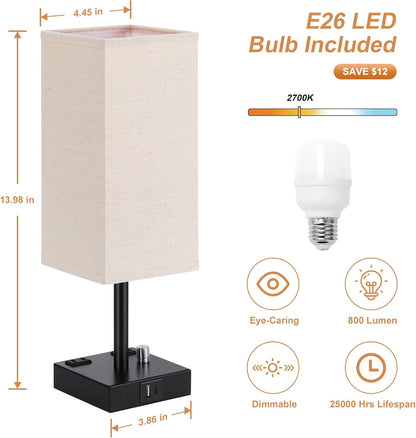 aooshine Fully Dimmable Nightstand Lamps Set of 2 - Table Bedside Lamp with USB C+A Charging Ports & 2 AC Outlets, Square Lamp Sets Linen Fabric Shade for Bedroom Living Room(Bulb Included)