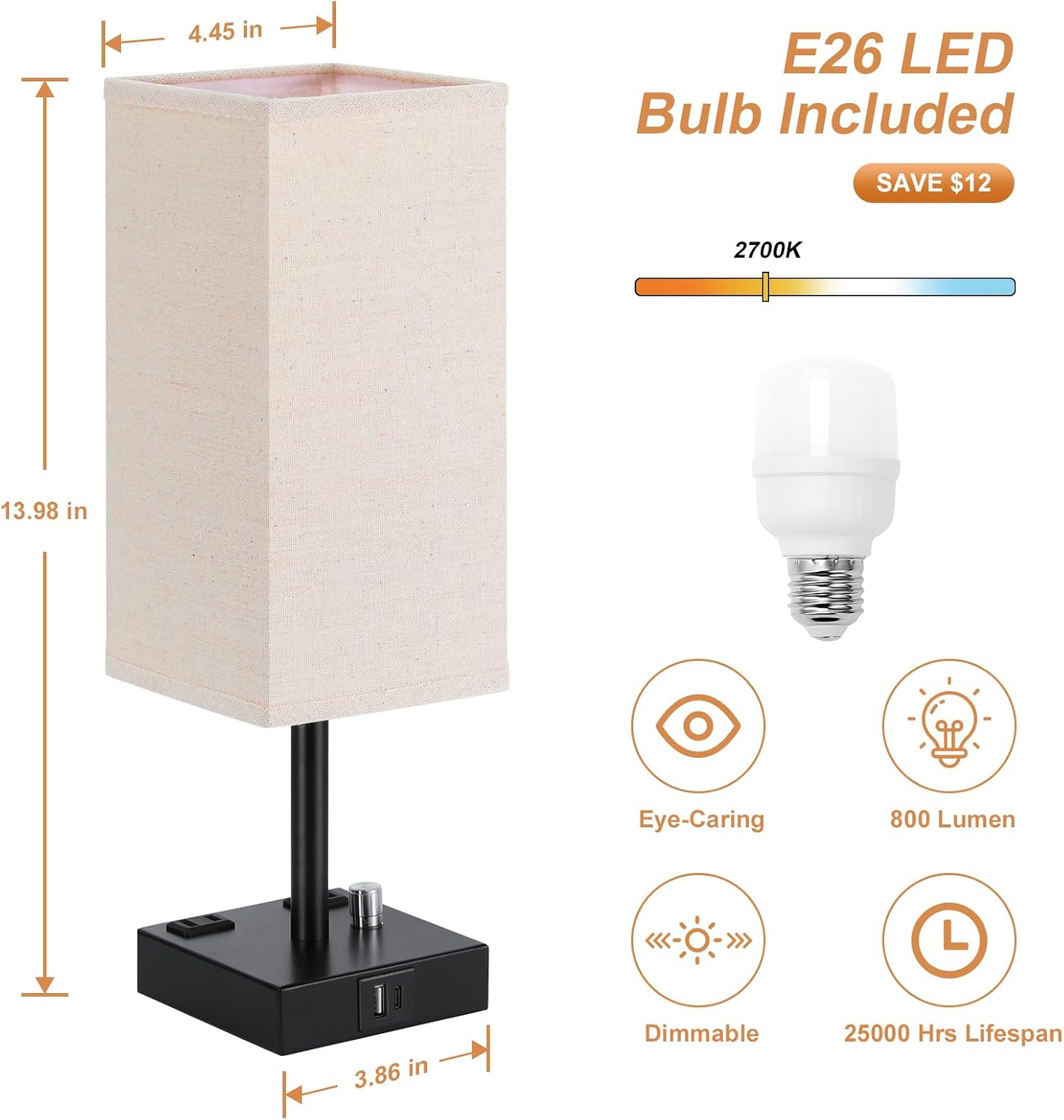Bedside Table Lamps Set of 2 for Bedroom - Dimmable, USB C+A, 2 AC Outlets