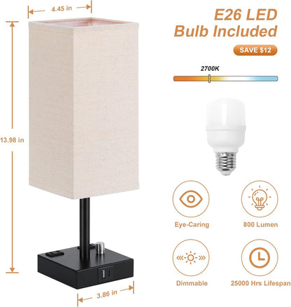 Bedside Table Lamps Set of 2 for Bedroom - Dimmable, USB C+A, 2 AC Outlets