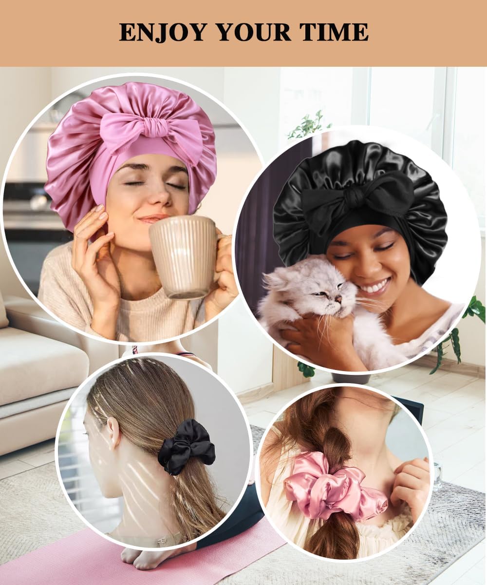 2+3 Large Satin Bonnets with Scrunchies for Women, Hair Bonnet Sleeping Tie Bonnet for Braids Curly Hair