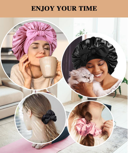 2+3 Large Satin Bonnets with Scrunchies for Women, Hair Bonnet Sleeping Tie Bonnet for Braids Curly Hair
