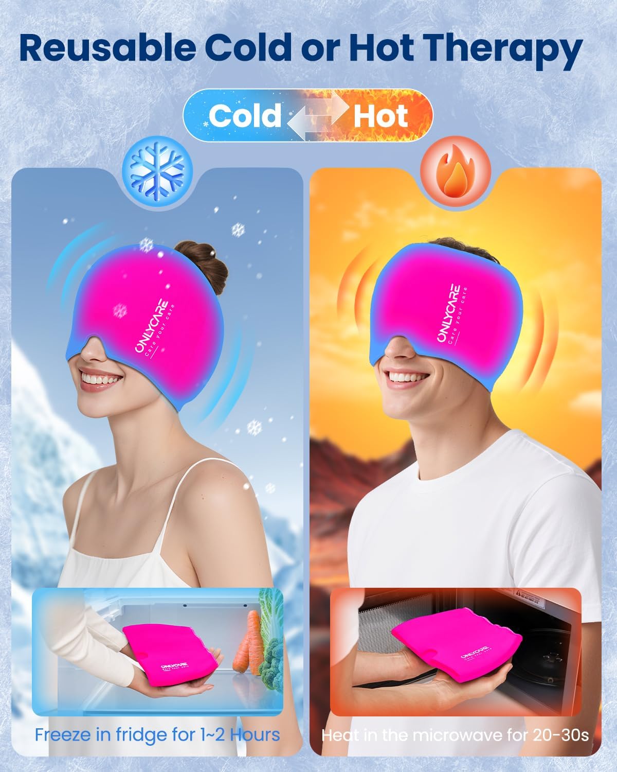 ONLYCARE Migraine Relief Cap, Upgraded Headache Relief Cap with Odorless Reusable Gel Head Wrap, Soothing Face Ice Pack Mask Products with Hot & Cold Therapy for Tension, Stress, Hangover & Puffy Eyes