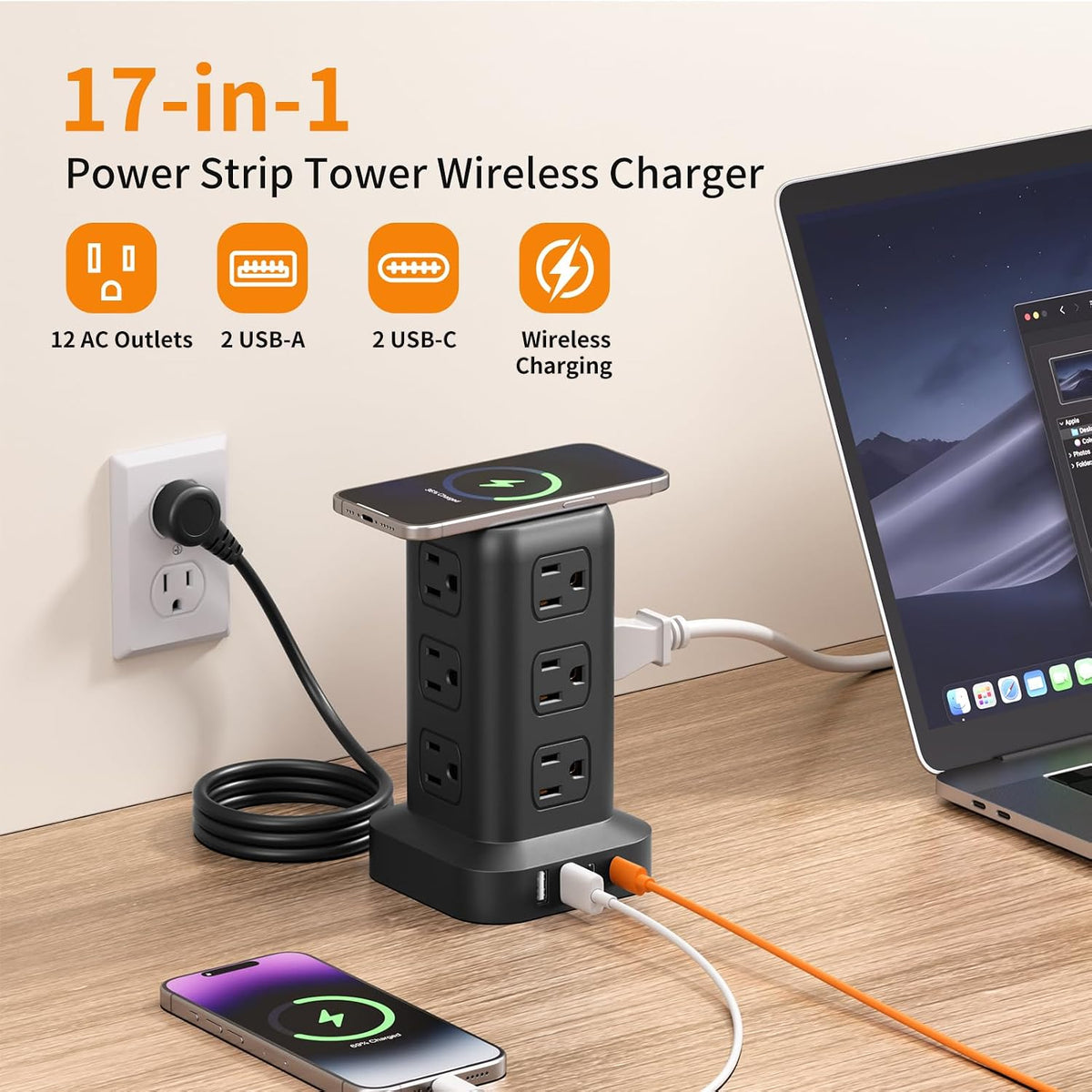 Extension Cord with Multiple Outlets, SMALLRT Power Strip Tower, Outlet Extender with 12 AC Outlets 4 USB, 6.5FT Extension Cord for Home Dorm Room, Office Supplies,Overload Protection
