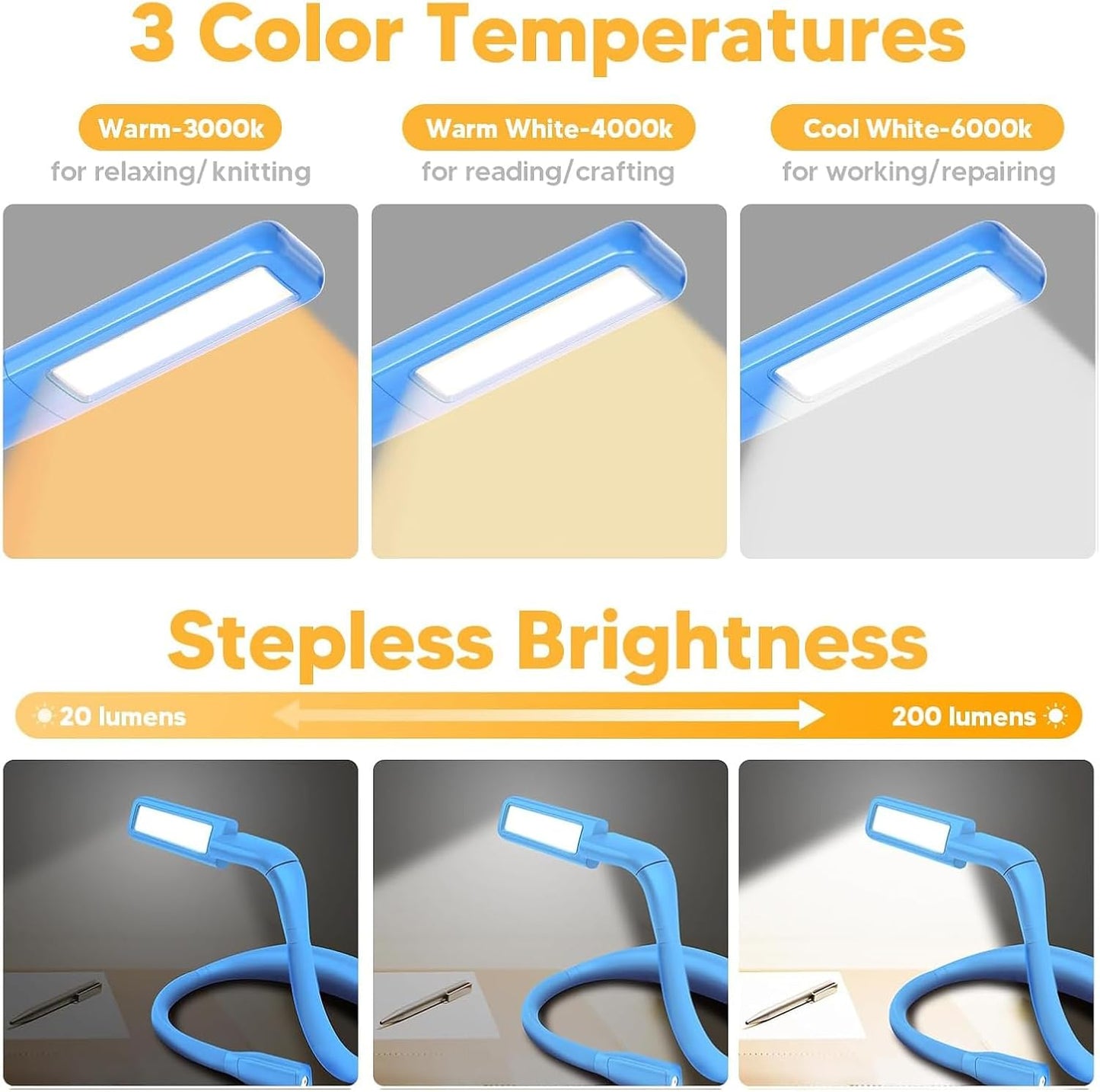 Neck Reading Light Book Lovers Gifts, Rechargeable 80Hrs Eye-friendly 3 Colors & Stepless Dimming Book Light for Reading, Christmas Stocking Stuffers for Men Women Camping Knitting Crochet Accessories