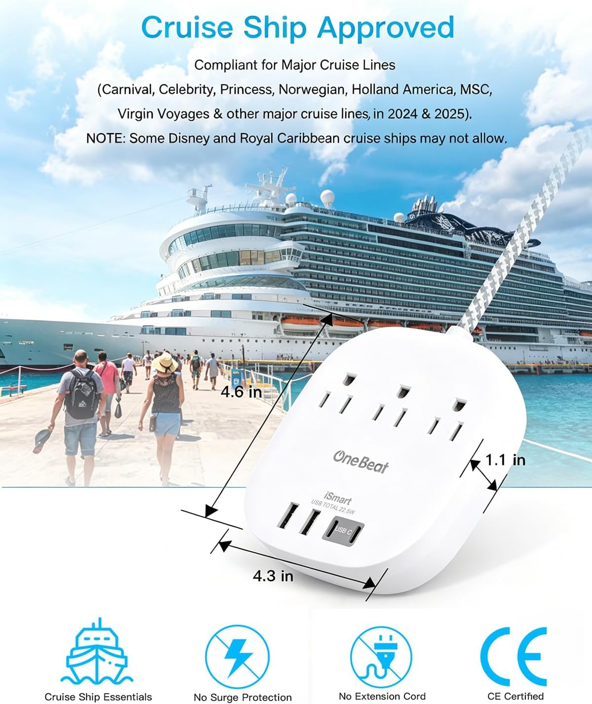 Travel Essentials, 22.5W/4.5A Flat Plug Power Strip, 6 Ft Extension Cord