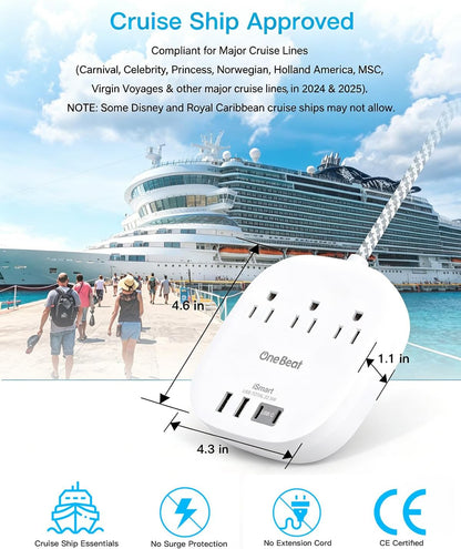 Travel Essentials, 22.5W/4.5A Flat Plug Power Strip, 6 Ft Extension Cord