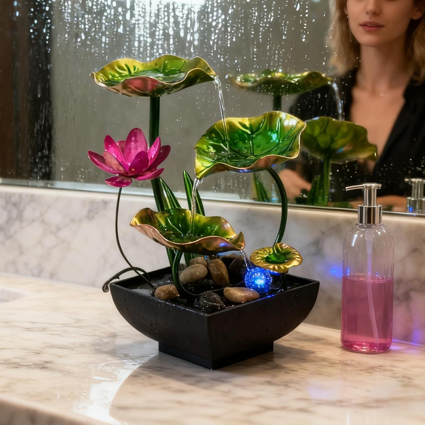 AOZITA Tabletop Fountain, Indoor Waterfall Fountain, Small Home Décor Zen Relaxation Soothing Sound Machine for Office, Living Room, or Bedroom,Blue Metal Lotus with Bud, River Rocks,Round LED