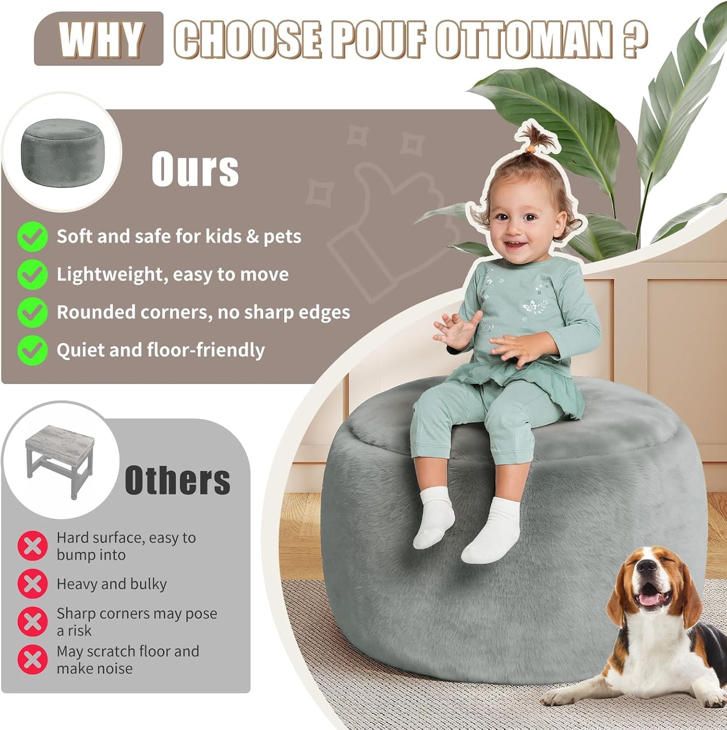 Round Stuffed Pouf Ottoman Foot Rest, Faux Fur Poufs with Memory Foam Filling, Ottomans for Living Room, Nursery, Dorm, Soft Foot Stool Ottoman for Couch, Perfect for Resting Your Feet (Grey, 20 Inch)